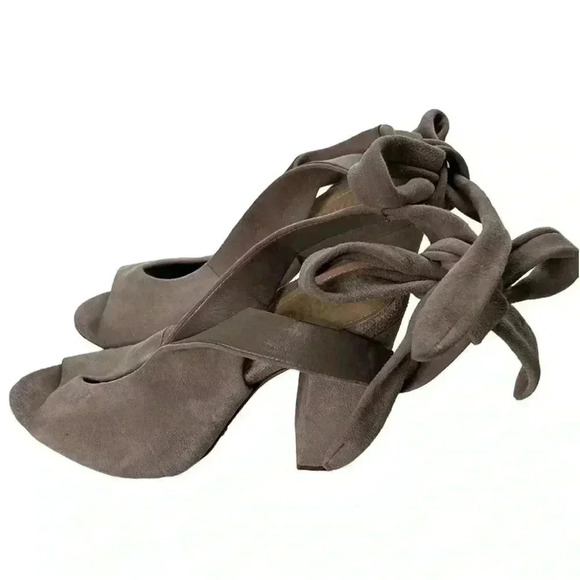 Schutz Archie Sandal Ankle Wrap Block Heel Beige Leather Suede Size 6 - Picture 4 of 12